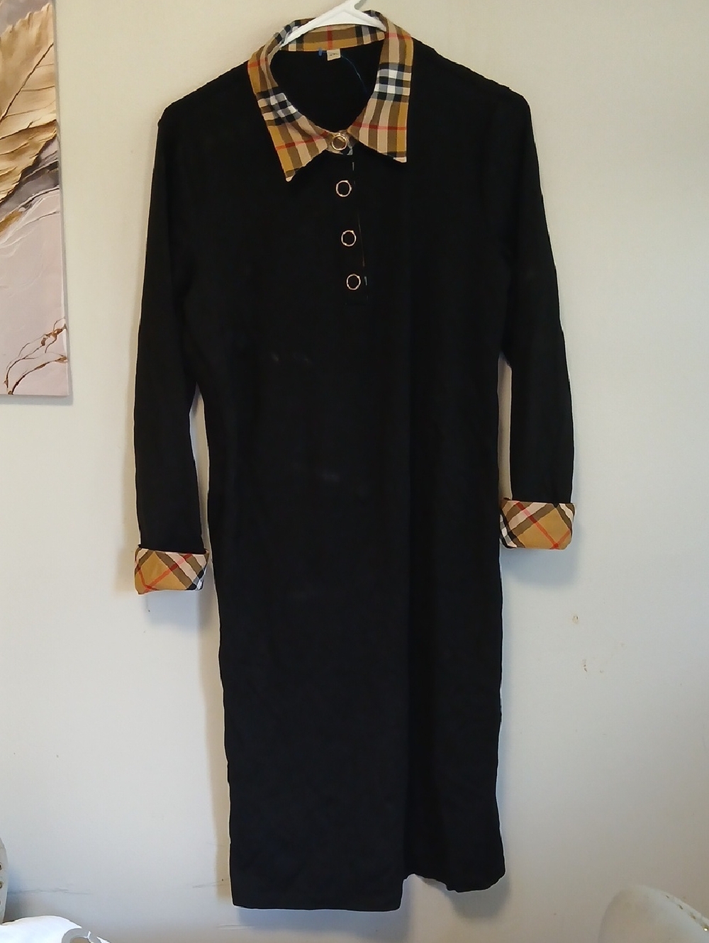 Burberry Black Dress with Iconic Beige Plaid Collar & Cuff